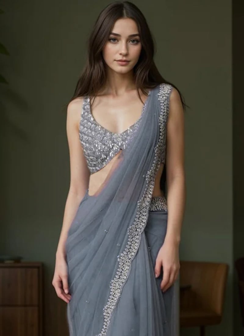 Grey Sequins Hand Embroidered Cut Dana Net Trendy Saree