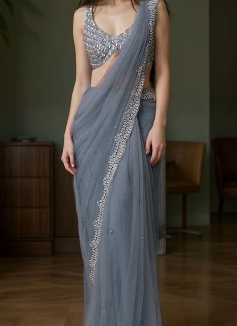 Grey Sequins Hand Embroidered Cut Dana Net Trendy Saree