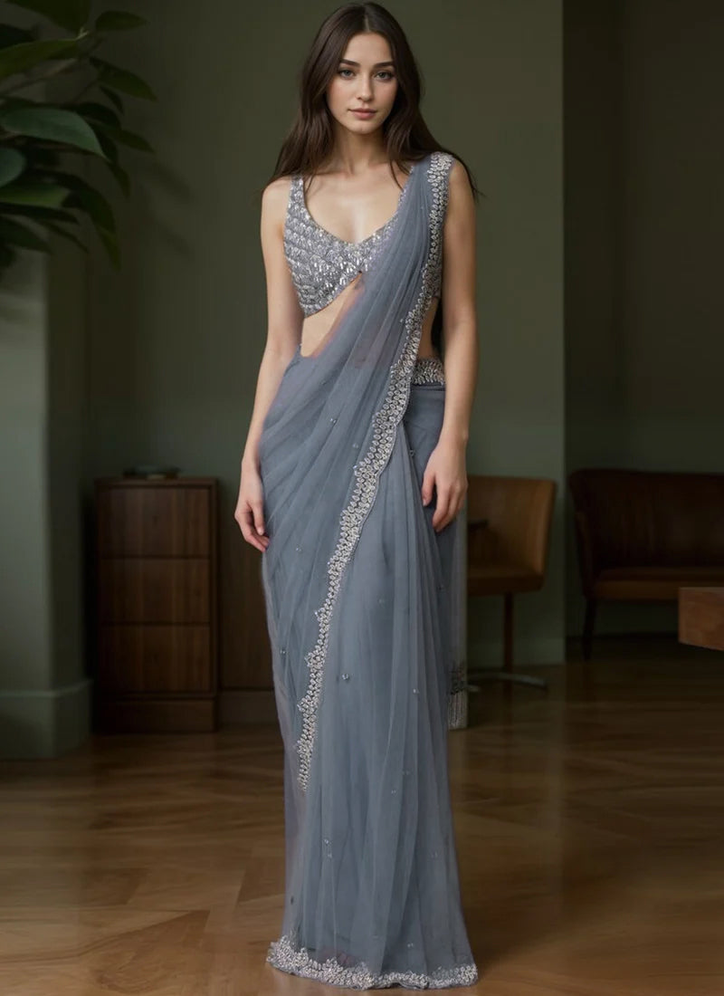 Grey Sequins Hand Embroidered Cut Dana Net Trendy Saree