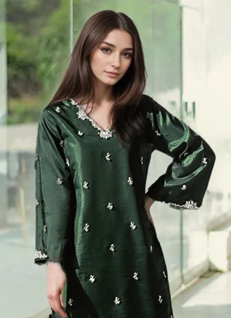 Bottle Green Silk Hand Embroidered Kurta Stunning Palazzo Suit