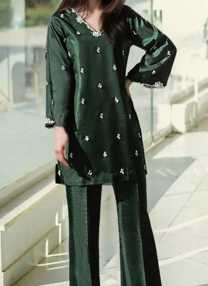 Bottle Green Silk Hand Embroidered Kurta Stunning Palazzo Suit