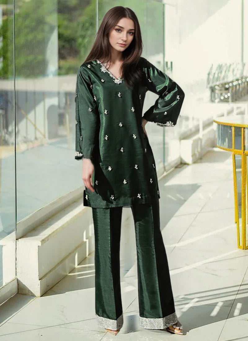 Bottle Green Silk Hand Embroidered Kurta Stunning Palazzo Suit