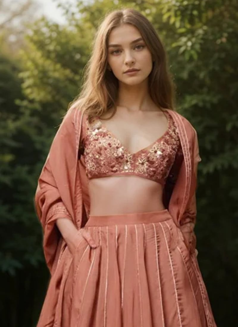 Brown Organza Hand Embroidered Cutdana Zari And Sequins Lehenga