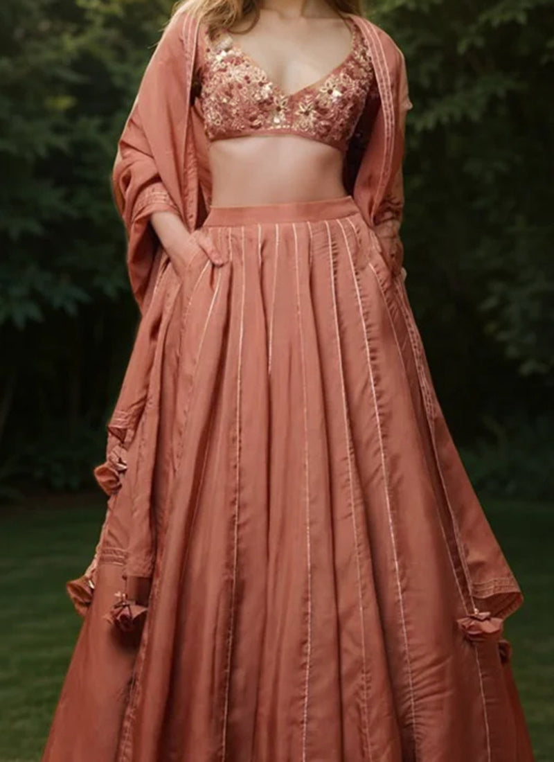 Brown Organza Hand Embroidered Cutdana Zari And Sequins Lehenga