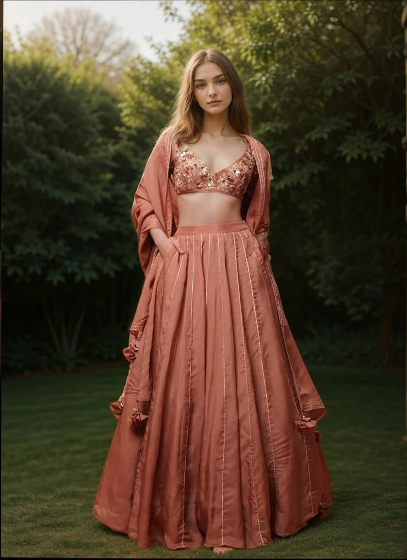 Brown Organza Hand Embroidered Cutdana Zari And Sequins Lehenga