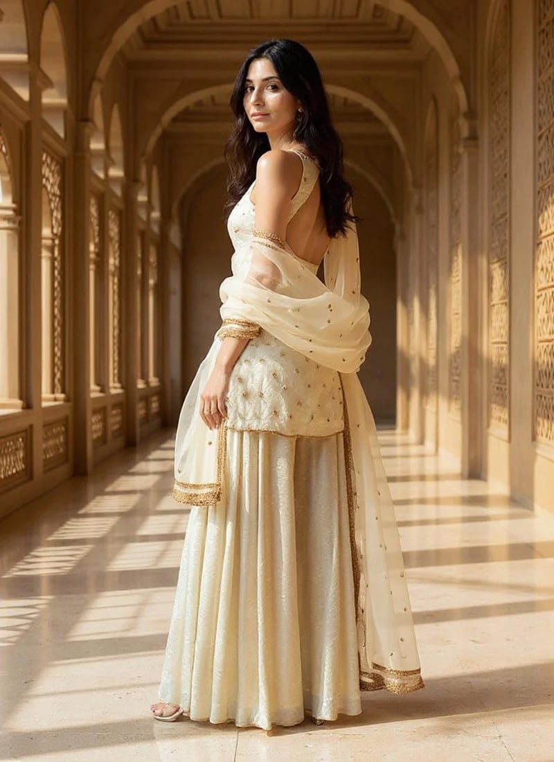 Cream Organza Hand Embroidered Sequins With Moti Work Palazzo Suit
