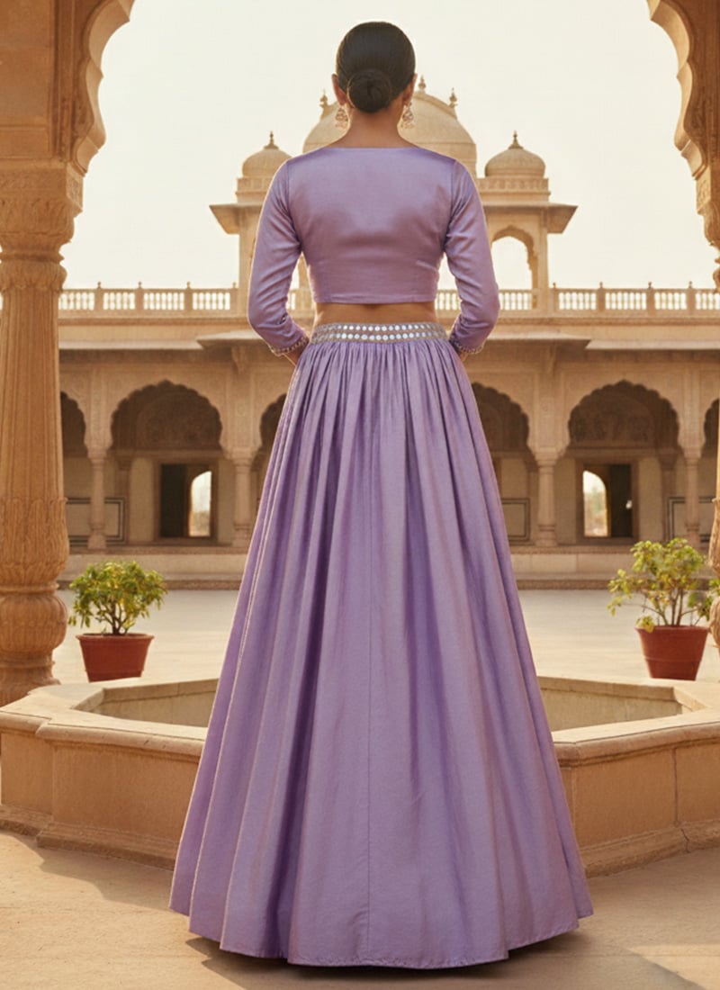 Lavender Satin Silk Hand Embroidered Zari And Mirror Work Lehenga