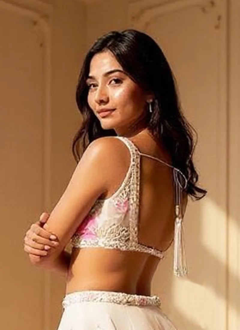 Light Pink Organza Digital Print Hand Embroidered Lehenga