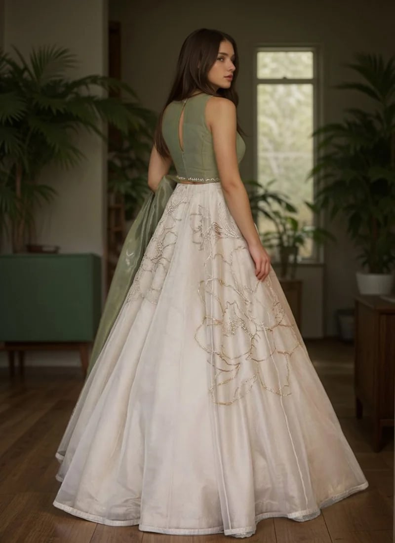 Off White Organza Cut Dana With Stone Hand Embroidered Lehenga