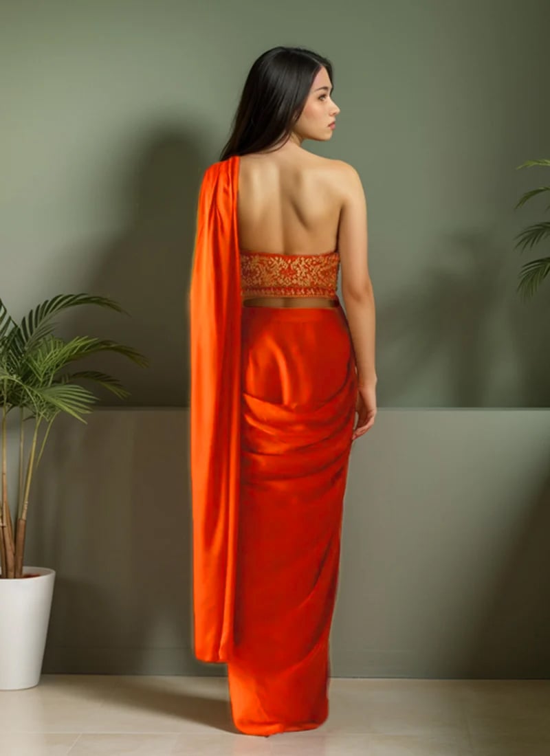 Orange Satin Zardosi Dabaka Hand Embroidered Pre Draped Saree