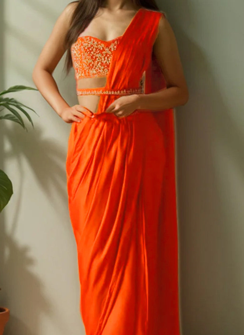 Orange Satin Zardosi Dabaka Hand Embroidered Pre Draped Saree