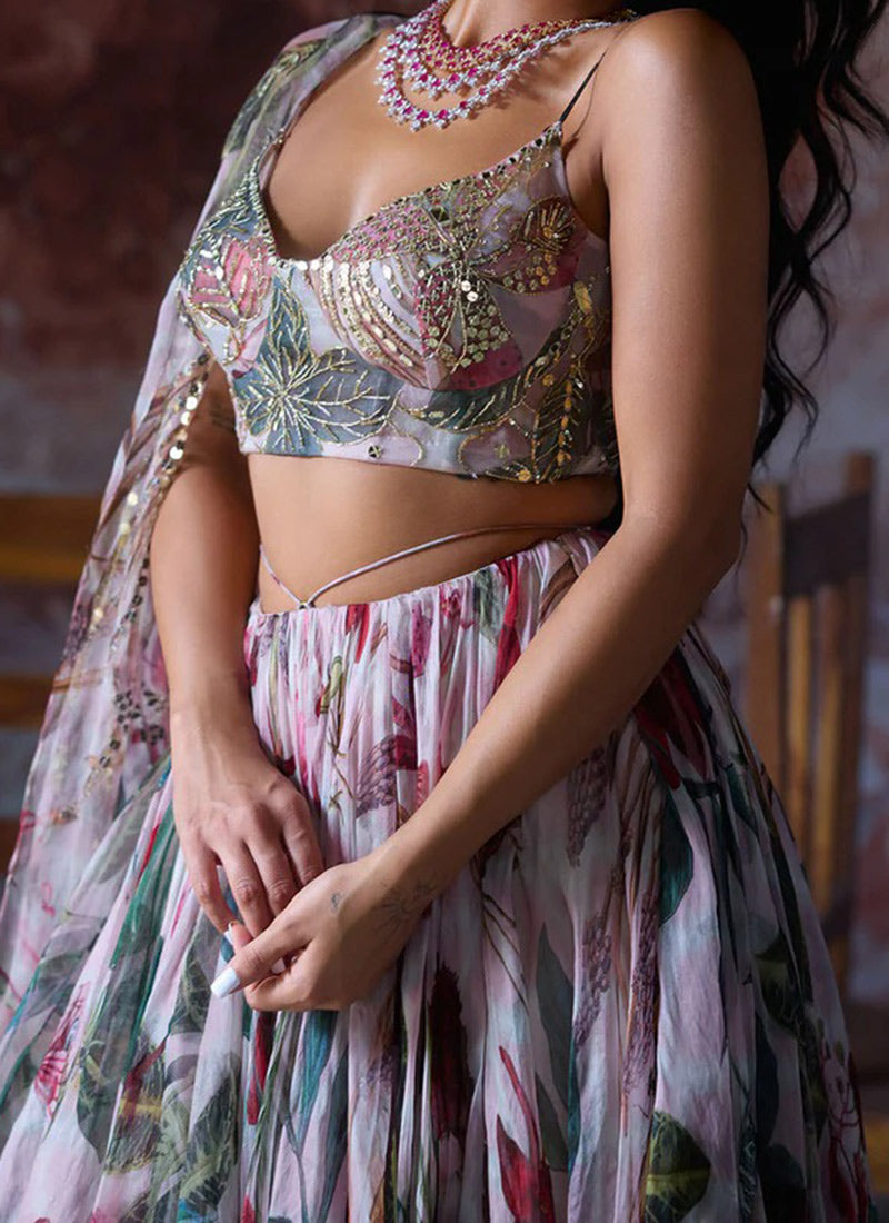 Pink Organza Zari Hand Embroidered Sequins With mirror Work Lehenga