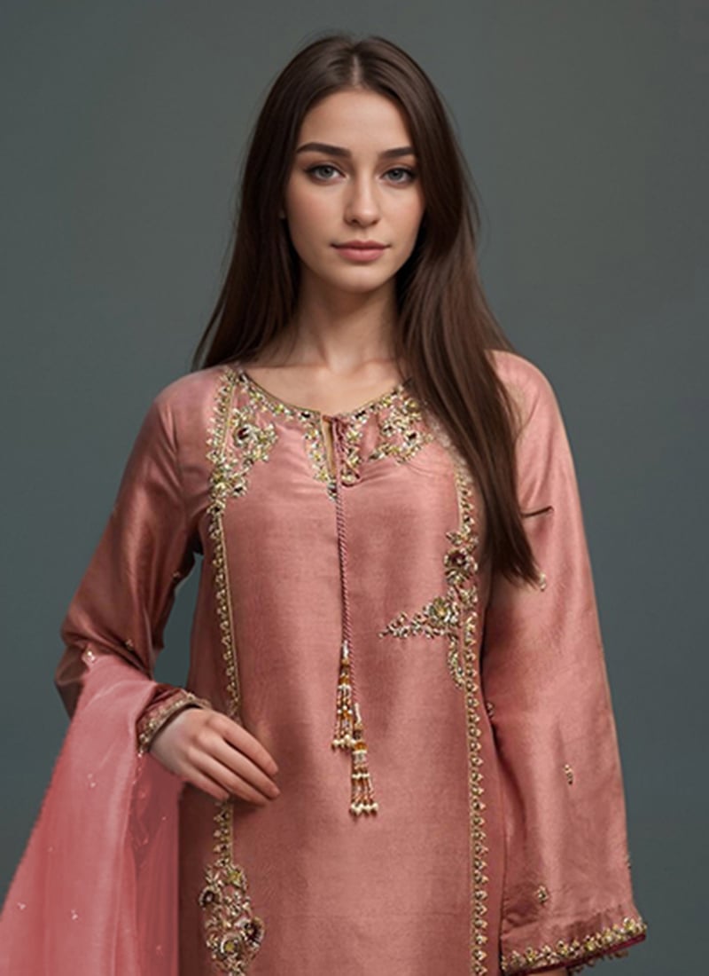 Rust Silk Cut Hand Embroidered Zari Straight Pant Suit