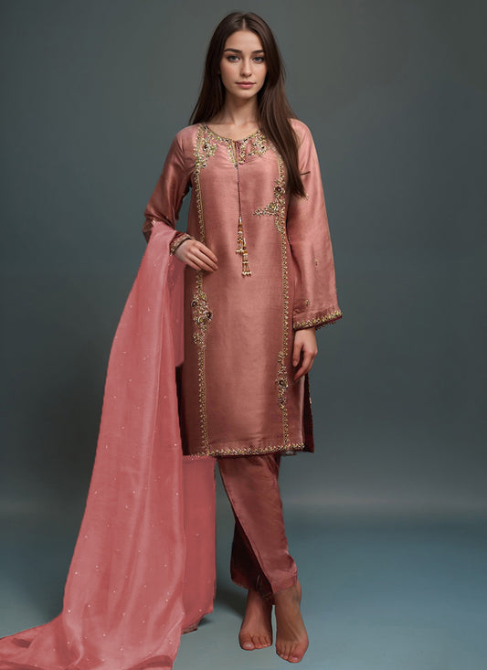 Rust Silk Cut Hand Embroidered Zari Straight Pant Suit