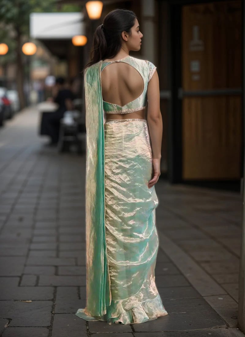Sage Green Tissue Hand Embroidered Sequins With Moti Work Saree
