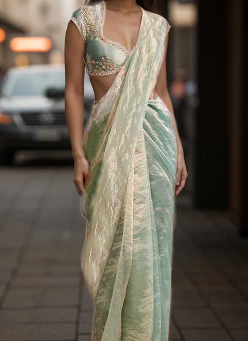 Sage Green Tissue Hand Embroidered Sequins With Moti Work Saree