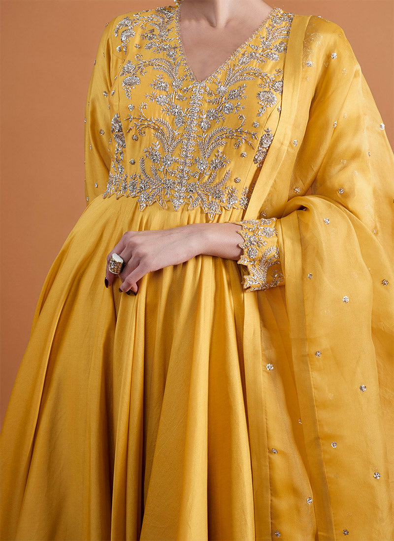 Yellow Silk Zardosi Sequins And Stone Hand Embroidered Abaya Style Anarkali Suit
