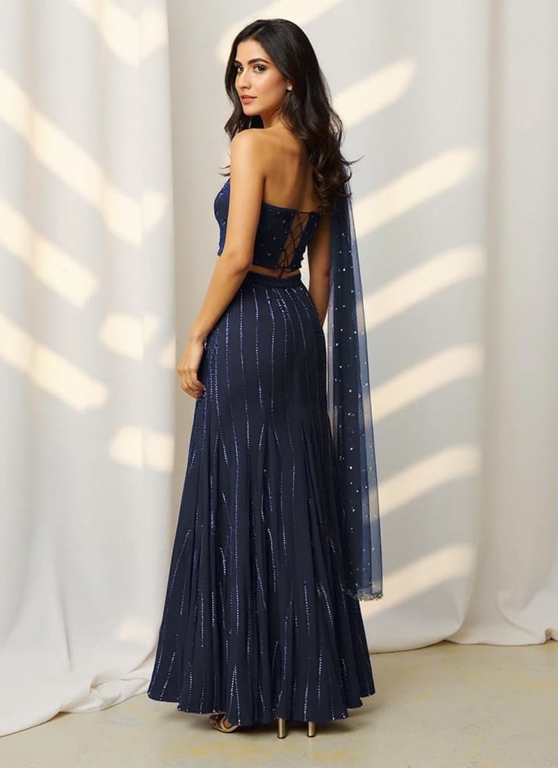Blue Faux Georgette Hand Embroidered Sequins Lehenga