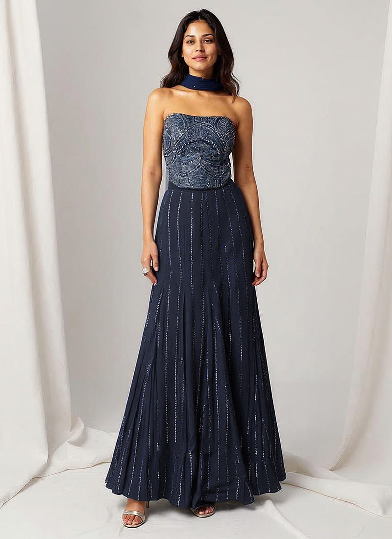 Blue Faux Georgette Hand Embroidered Sequins Lehenga
