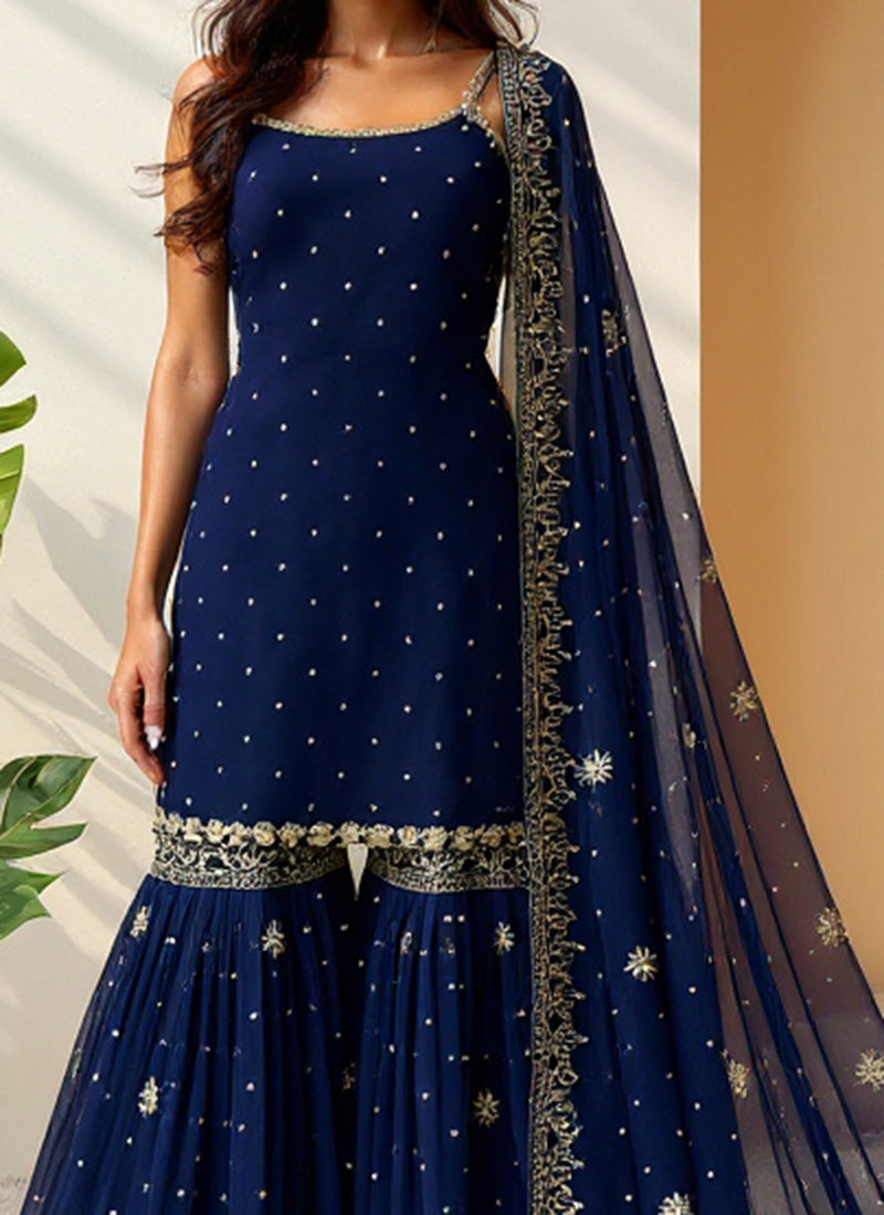 Blue Faux Georgette Sequins Sharara Suit