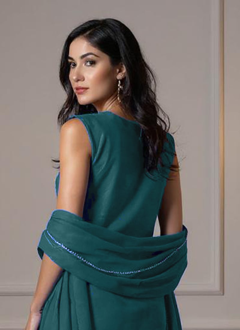 Blue Silk Hand Embroidered And Beads Work Palazzo Suit