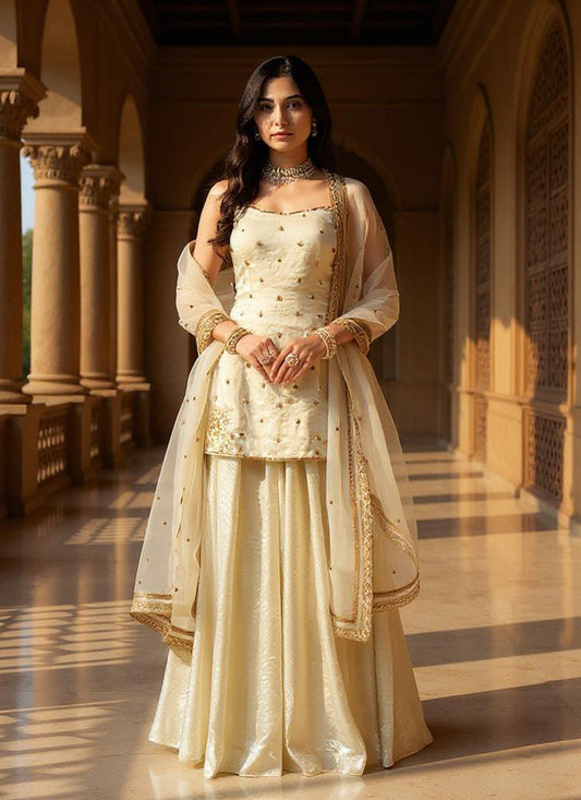 Cream Organza Hand Embroidered Sequins With Moti Work Palazzo Suit