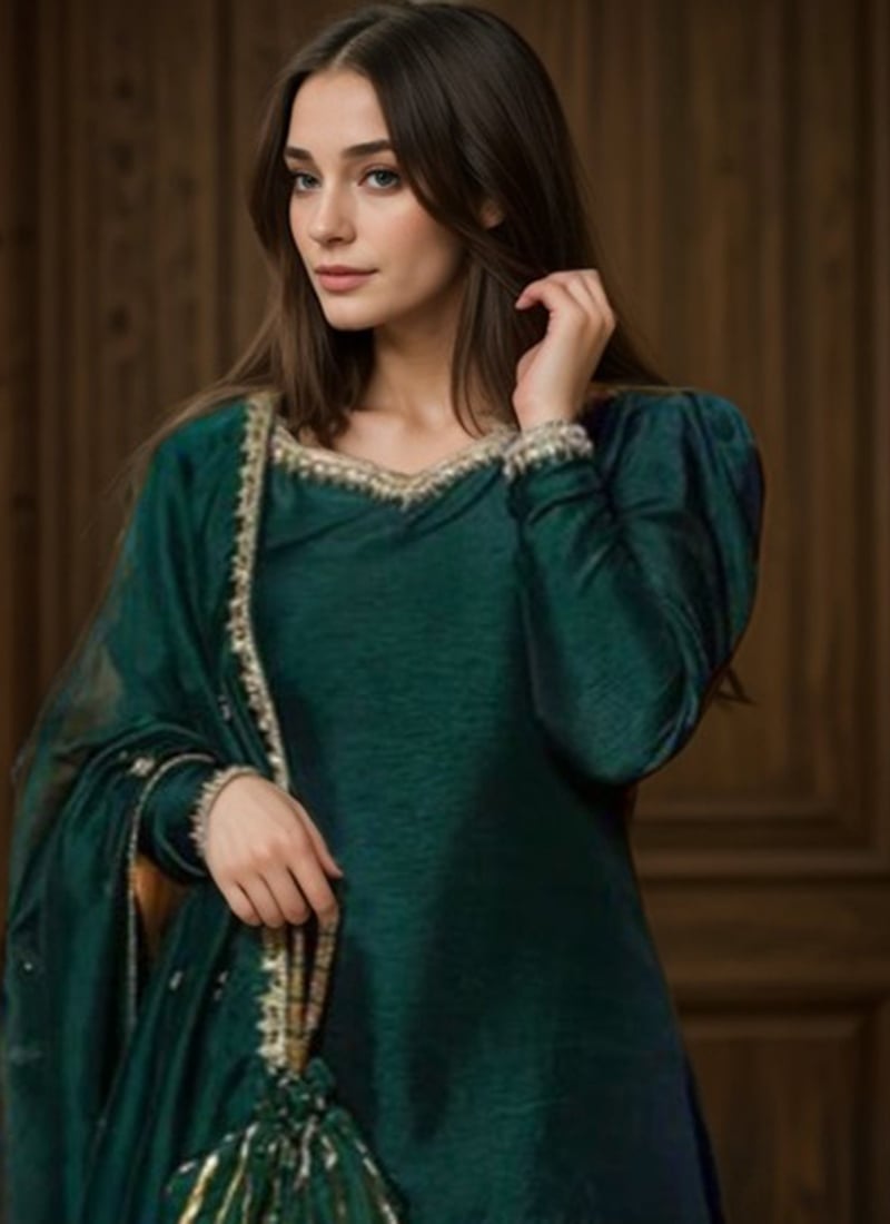 Dark Green Silk Hand Embroidered Palazzo Suit