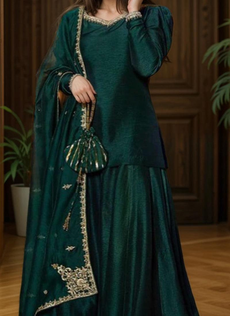 Dark Green Silk Hand Embroidered Palazzo Suit