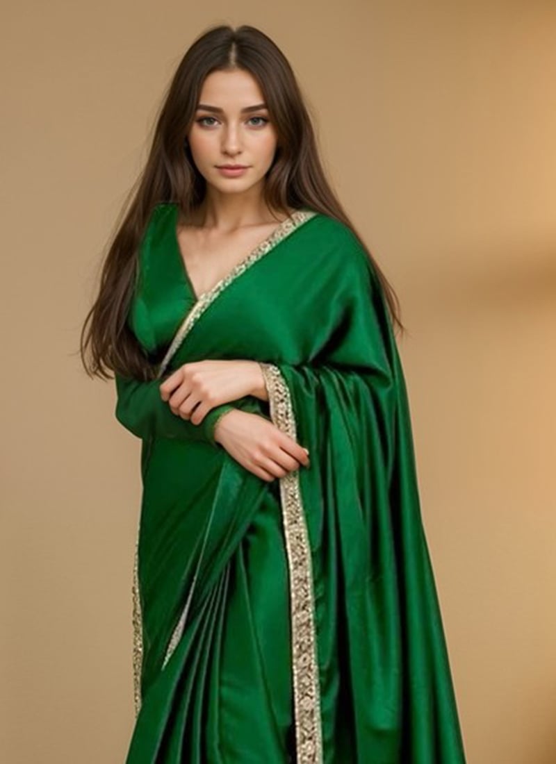 Green Satin Embroidered Saree
