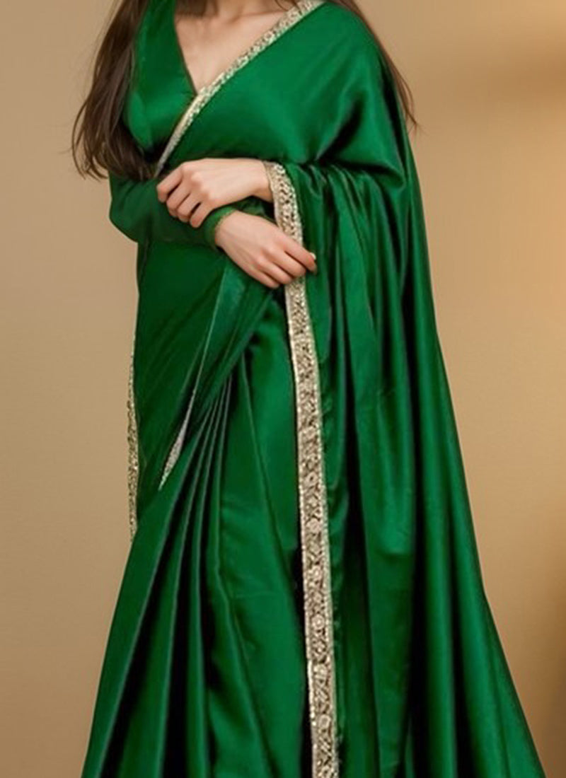 Green Satin Embroidered Saree