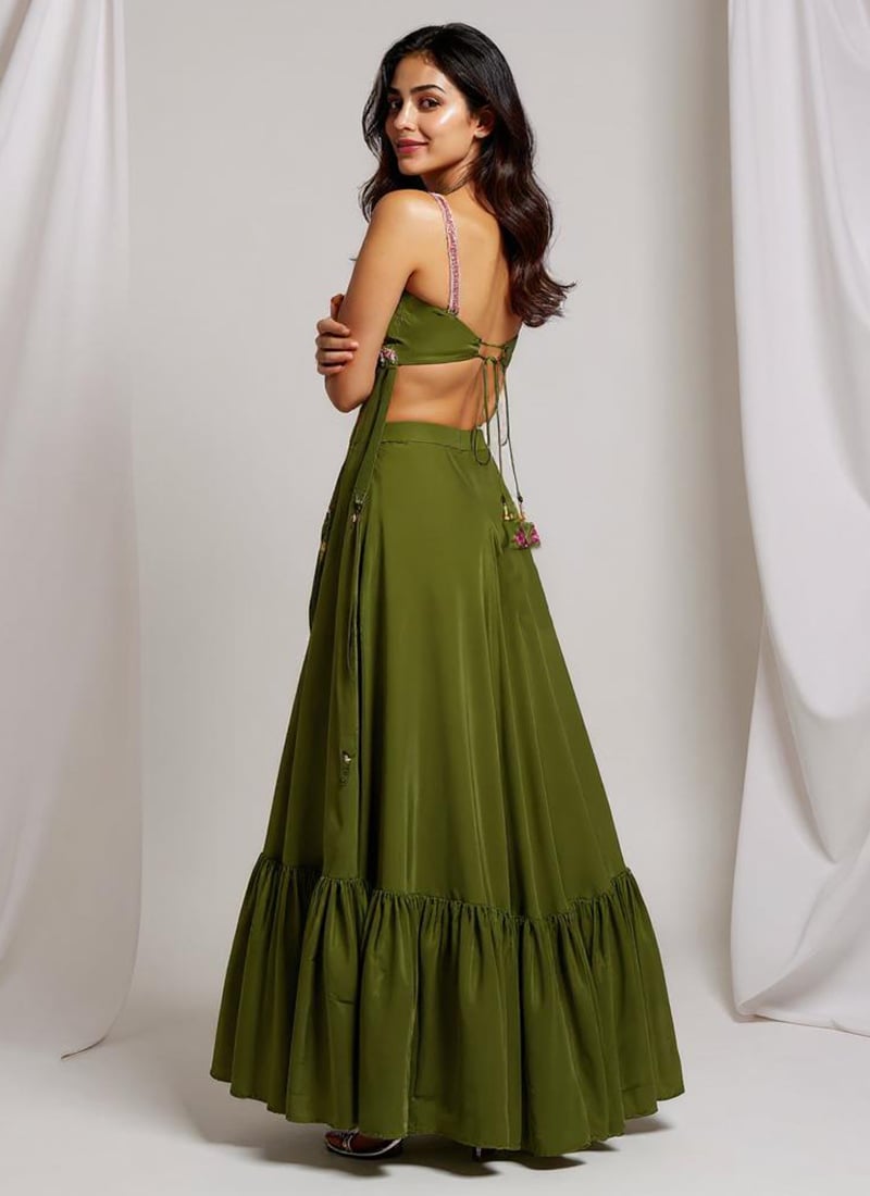 Green Silk Hand Embroidered Hand Embroidered Sequins With Moti Indowestern Skirt Set