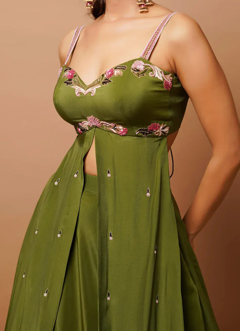 Green Silk Hand Embroidered Hand Embroidered Sequins With Moti Indowestern Skirt Set