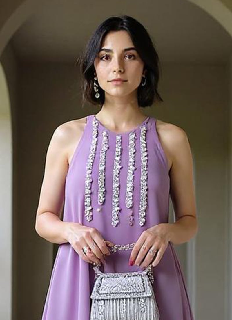 Lavender Georgette Zari Hand Embroidered Sequins Palazzo Suit