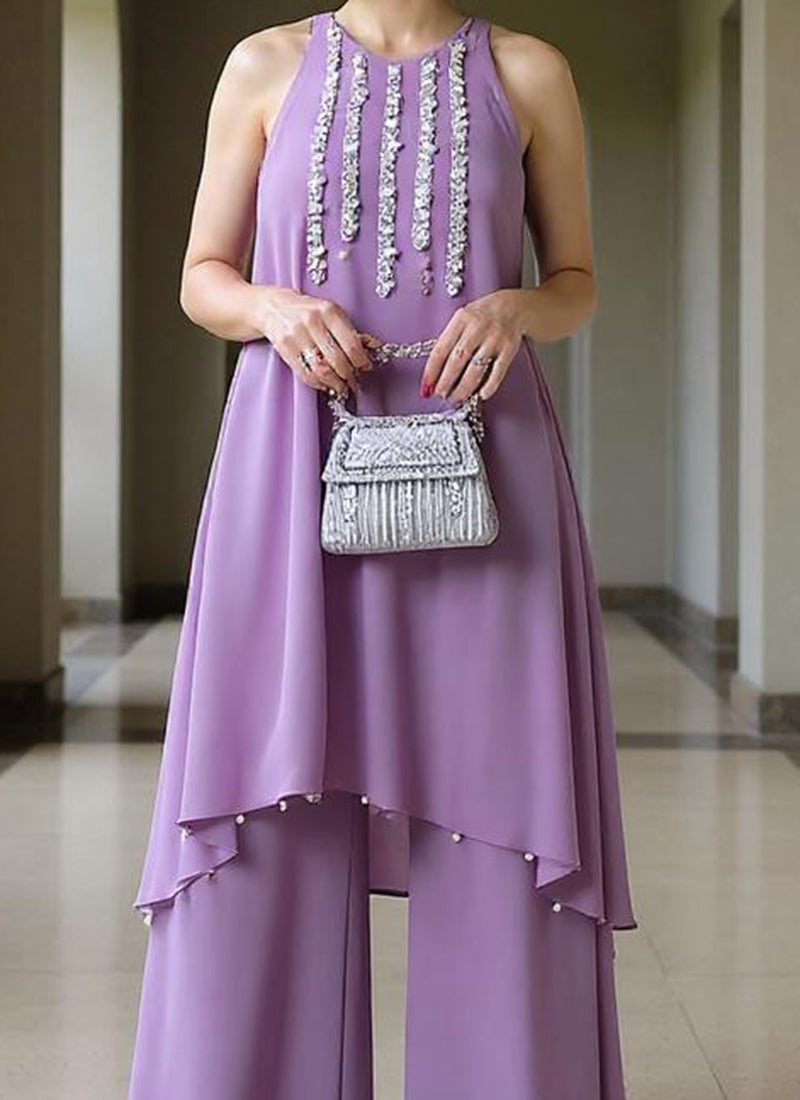 Lavender Georgette Zari Hand Embroidered Sequins Palazzo Suit