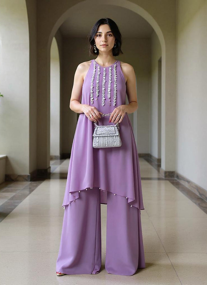 Lavender Georgette Zari Hand Embroidered Sequins Palazzo Suit
