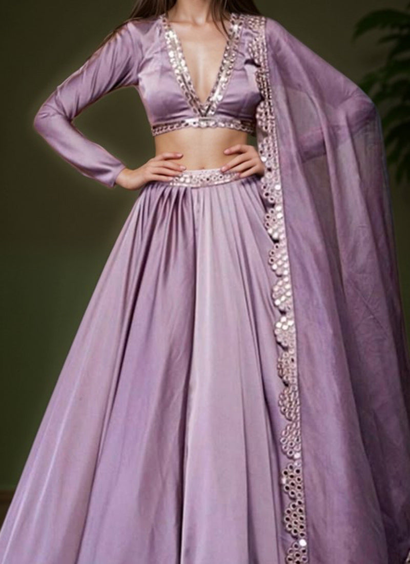 Lavender Satin Silk Hand Embroidered Zari And Mirror Work Lehenga