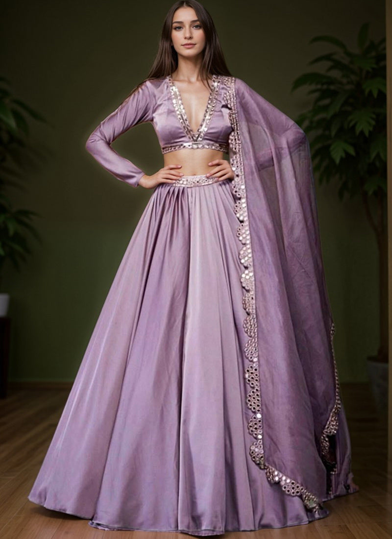 Lavender Satin Silk Hand Embroidered Zari And Mirror Work Lehenga