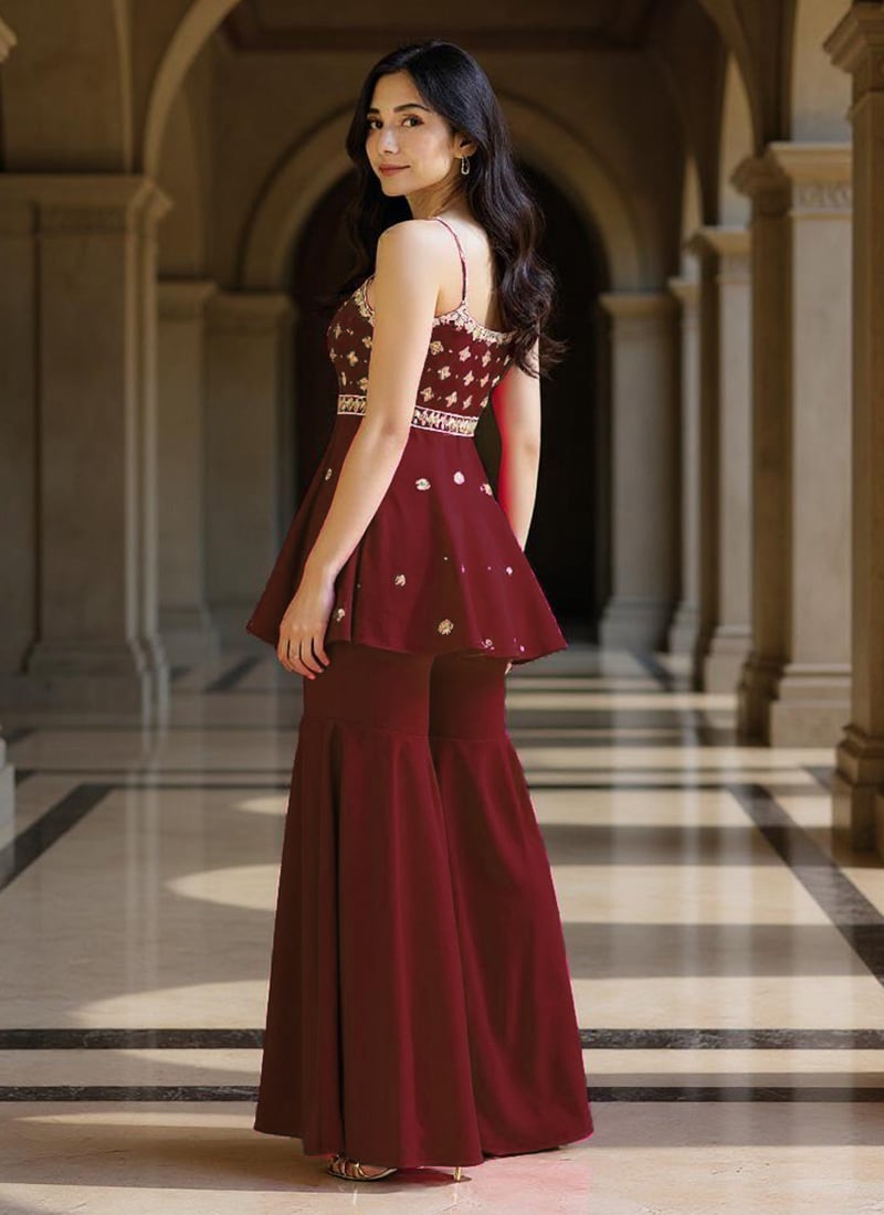 Maroon Silk Zardosi Hand Embroidered With Mirror Work Sharara Suit