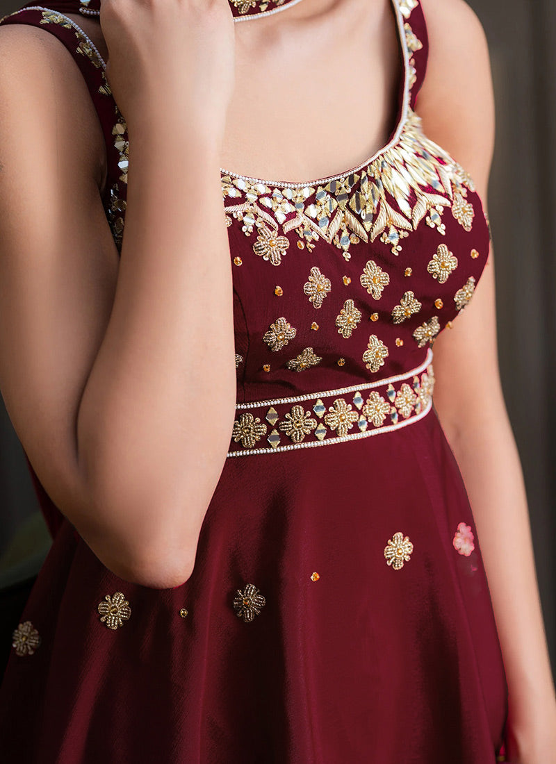 Maroon Silk Zardosi Hand Embroidered With Mirror Work Sharara Suit