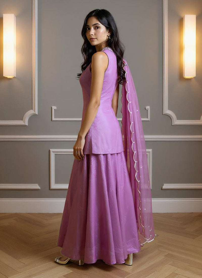 Mauve Organza Hand Embroidered Sequins With Beads Work Palazzo Suit