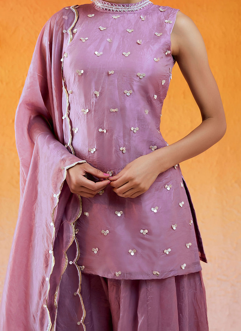 Mauve Organza Hand Embroidered Sequins With Beads Work Palazzo Suit