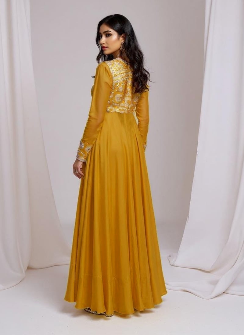 Mustard Satin Zari Hand Embroidered Sequins With Moti Work Indowestern Jacket Set