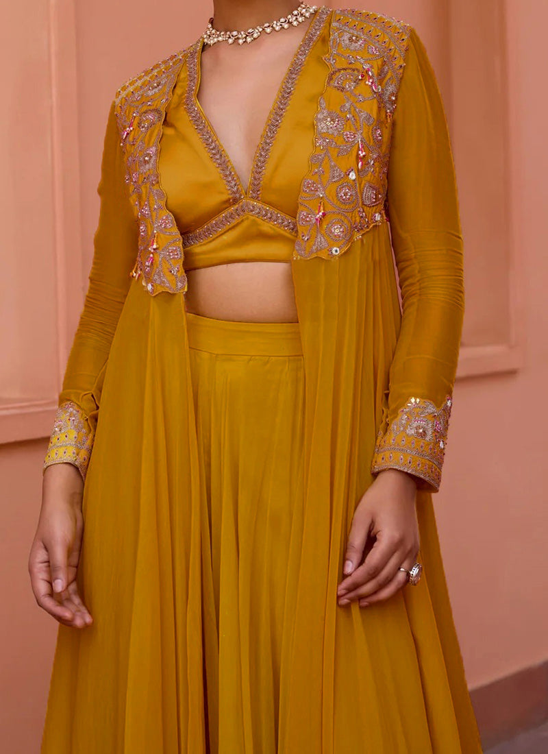 Mustard Satin Zari Hand Embroidered Sequins With Moti Work Indowestern Jacket Set