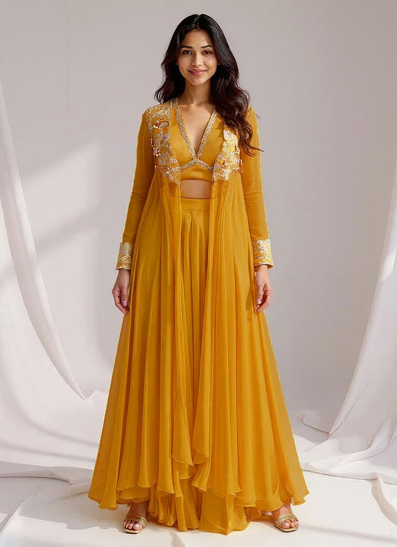 Mustard Satin Zari Hand Embroidered Sequins With Moti Work Indowestern Jacket Set