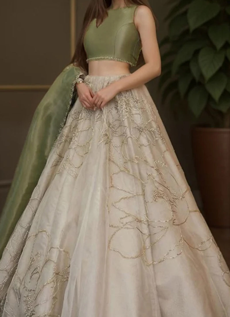 Off White Organza Cut Dana With Stone Hand Embroidered Lehenga