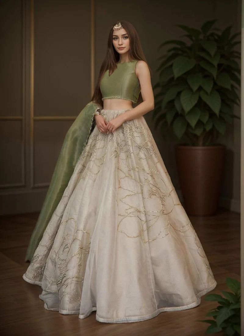 Off White Organza Cut Dana With Stone Hand Embroidered Lehenga