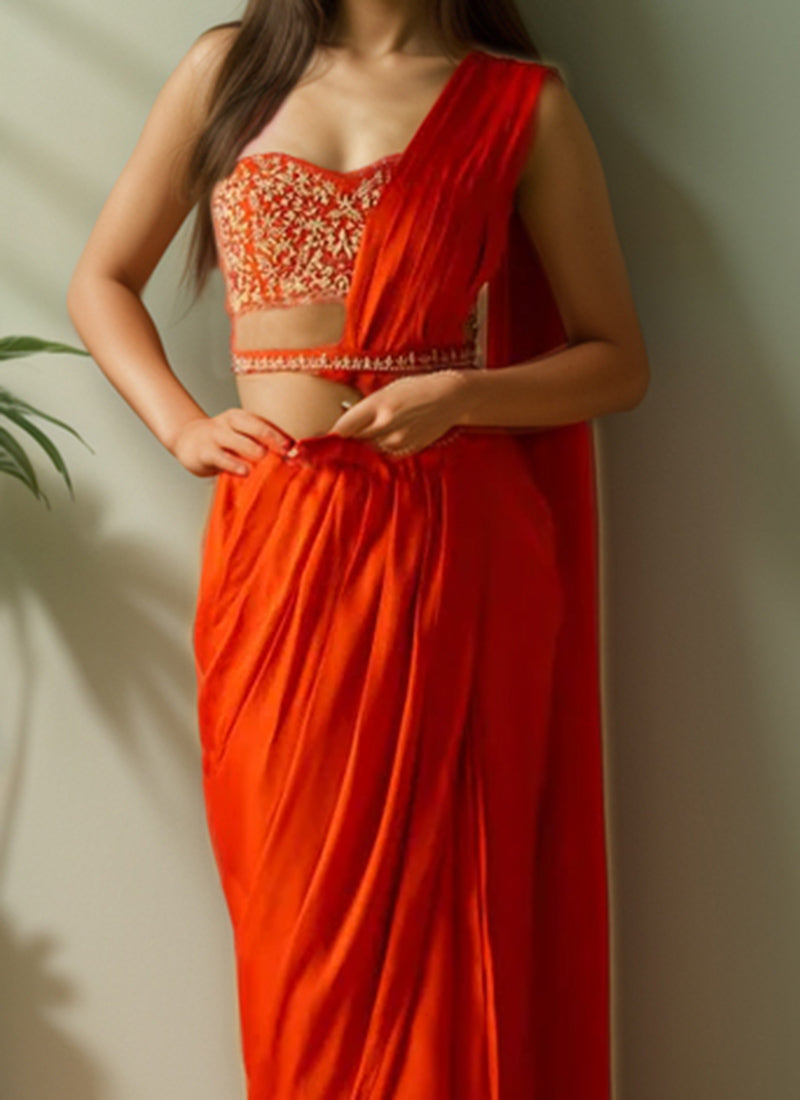 Orange Satin Zardosi Dabaka Hand Embroidered Pre Draped Saree