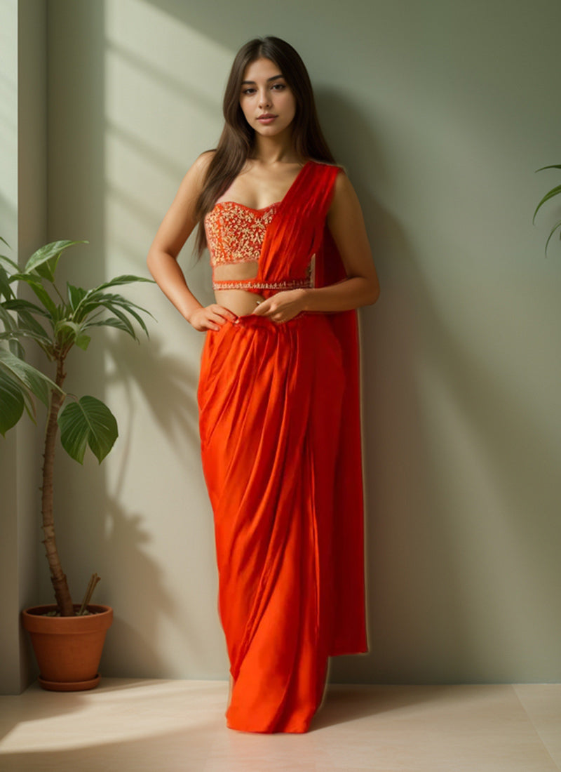 Orange Satin Zardosi Dabaka Hand Embroidered Pre Draped Saree
