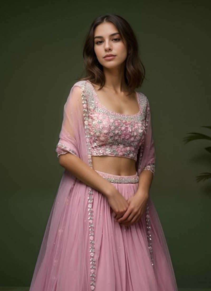 Pink Georgette Sequins And Moti Hand Embroidered Lehenga