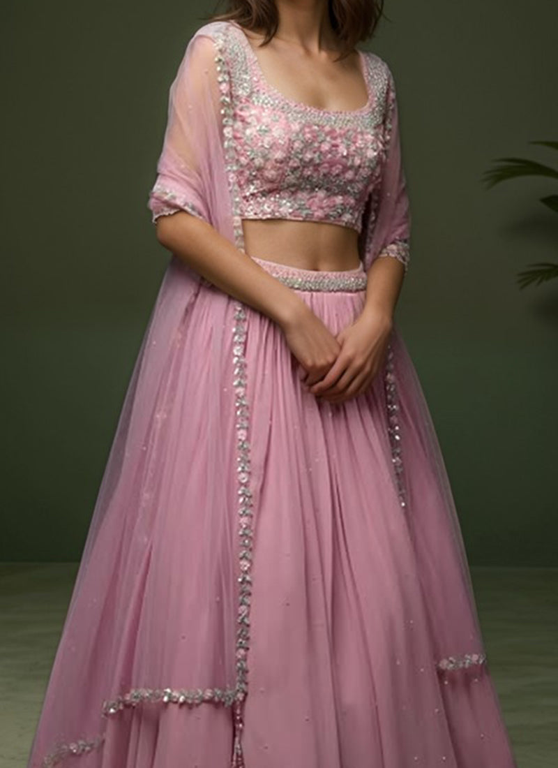 Pink Georgette Sequins And Moti Hand Embroidered Lehenga